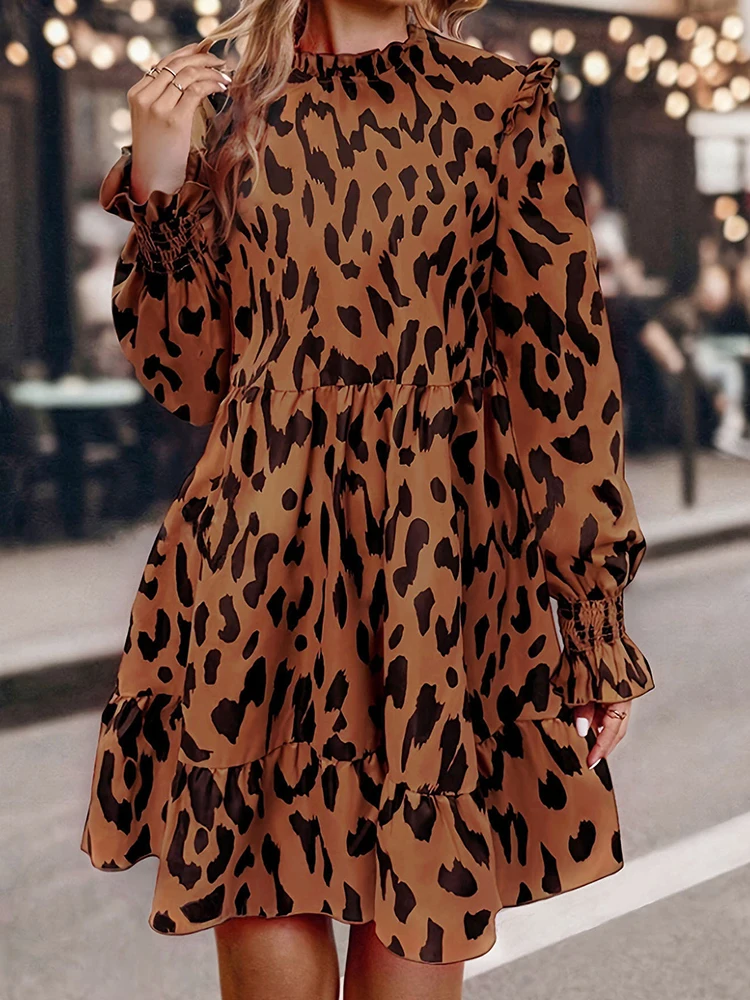 New Spring Autumn O Neck Leopard Mini Dress, Women Holiday Casual Patchwork Simple Party Dress, Long Sleeve Elegant Ladies Dress