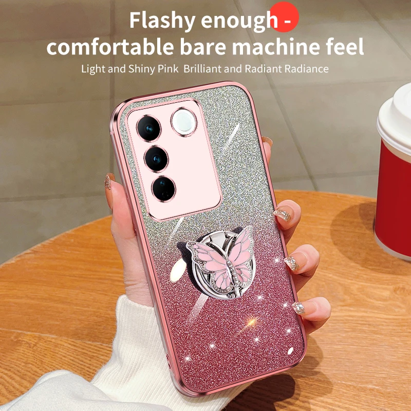女性のためのキラキラと蝶のデザインのソフトケース,ピンクの色,Vivo s1 s6 s7 s9 s9e s10 s12 s15 s16 s17 s18 pro s17e s18e