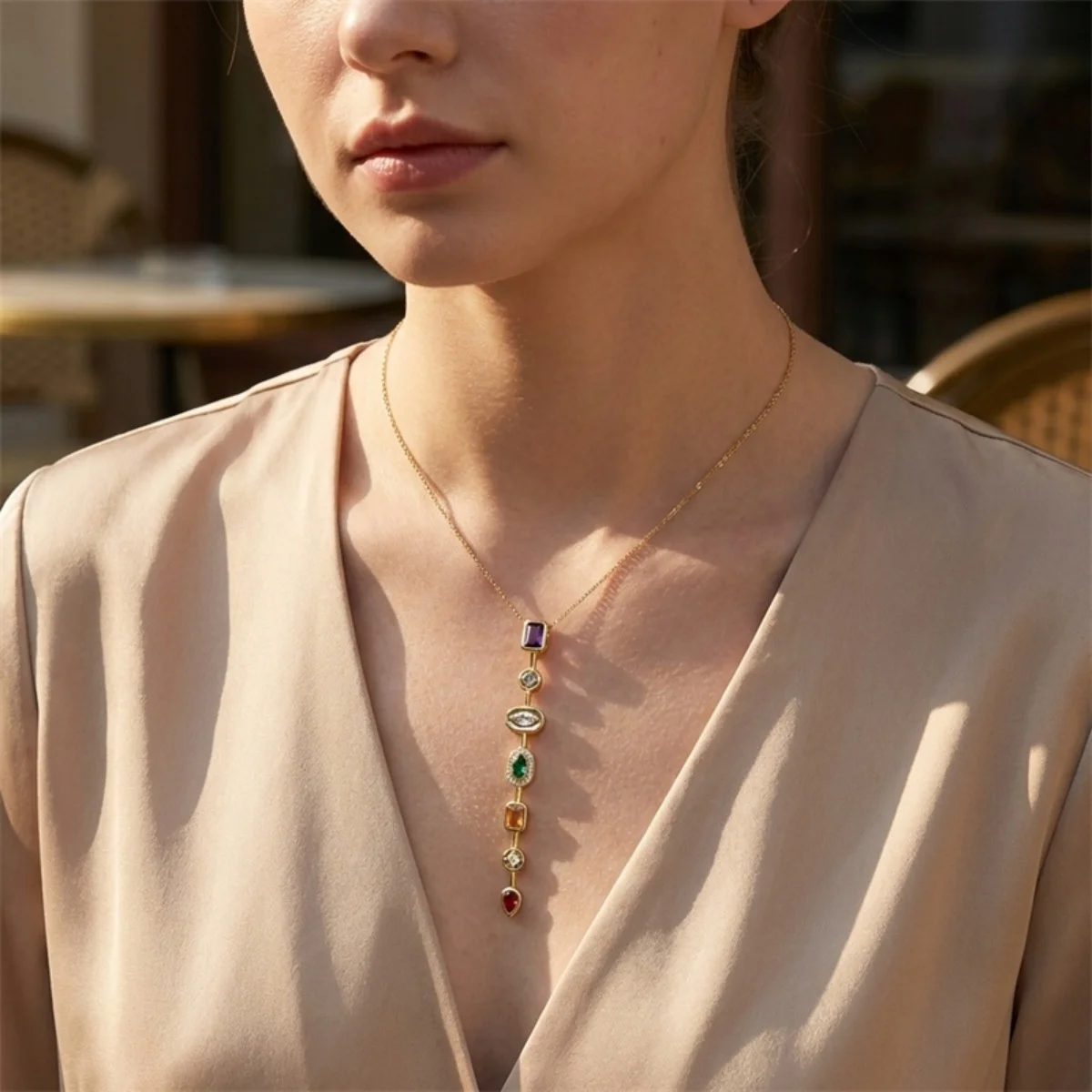 Buntes Zirkon-Schmuckset mit geometrischen Verbindungsstücken, Quastenanhänger, Halskette, Ohrringen und Armband für Damen und Herren, luxuriöses Edelstahl-Schmuckset – Detail 14