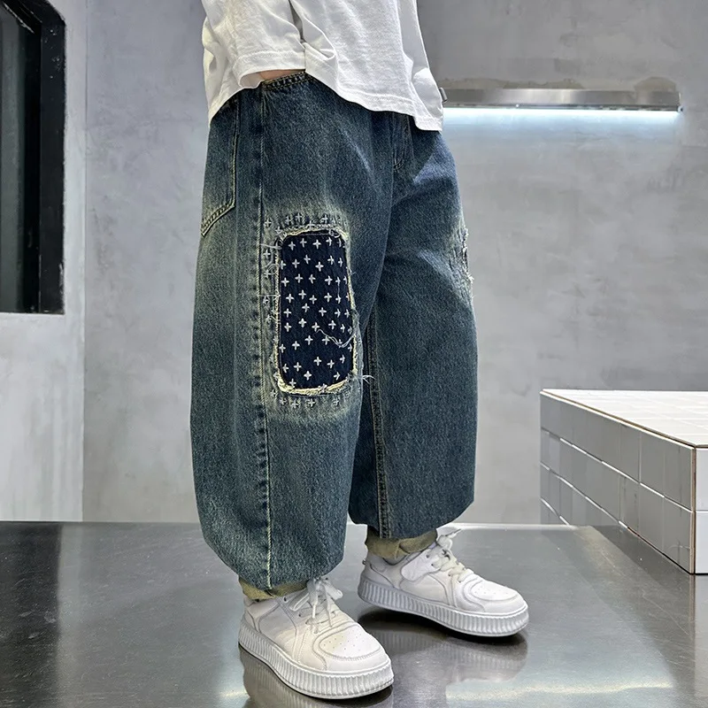 Spring Boys Jeans New Children Loose Denim Pants Teenager Fashion Autumn Baggy Trousers 2026 Kids Handsome Sweatpants 4-14Y
