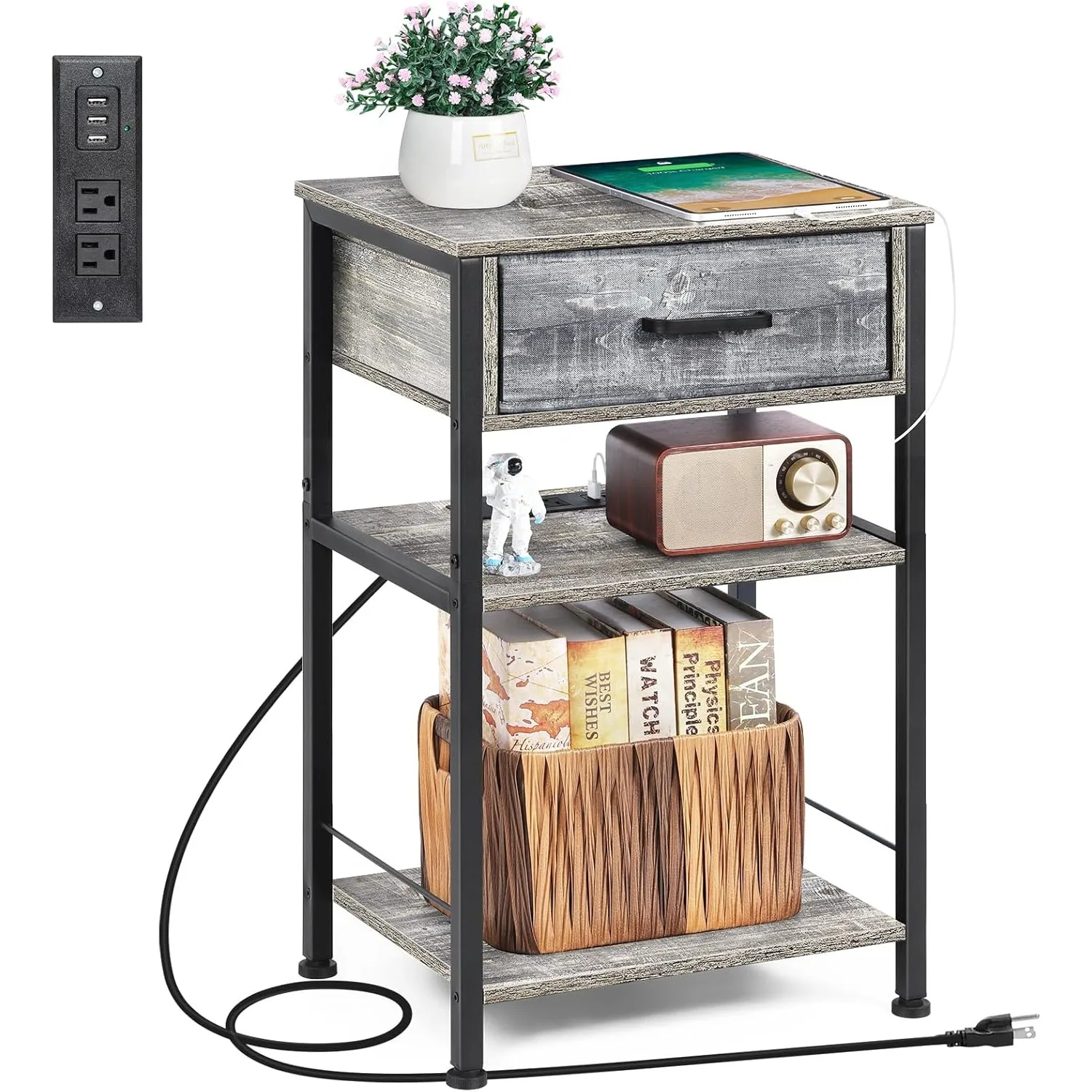 

3-Tier USB/Outlet Nightstand with Fabric Drawers - Space-Saving Bedside Charging Table for Small Rooms, Dark Gray