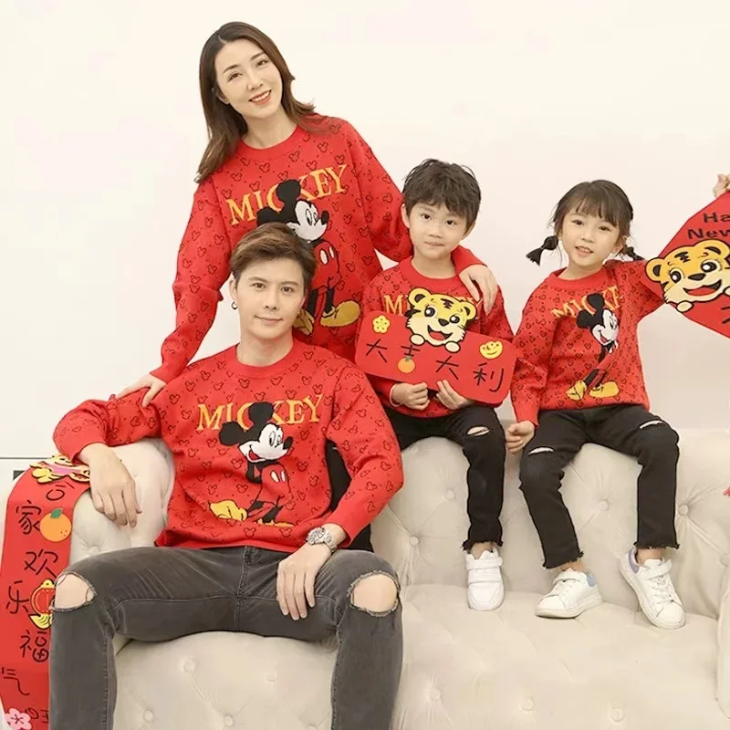 Winter Family Matching Clothes Sweaters Cartoon Mickey Mouse Print Mother Daughter Father Son Long Sleeve Top Coat Mommy Outfit