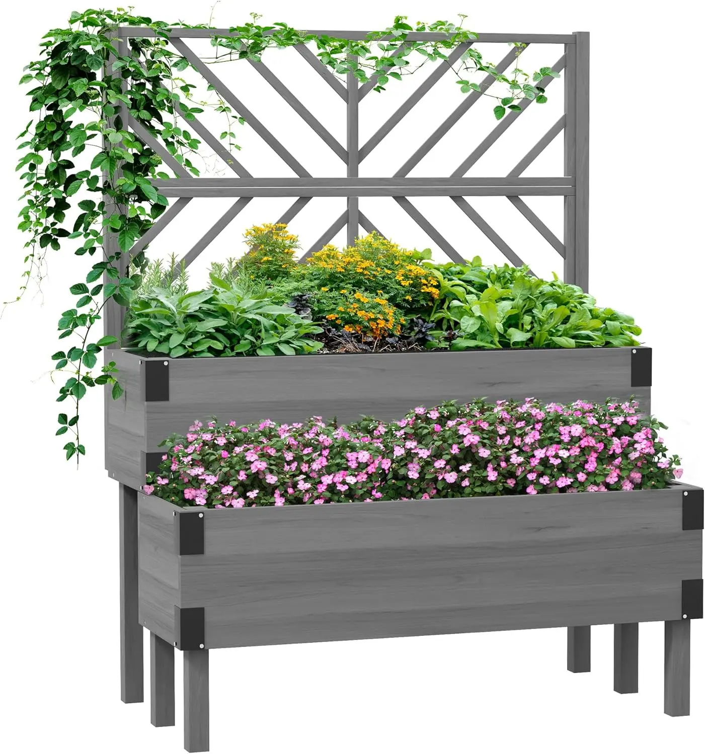 2-Tier Raised Garden Bed with Trellis, Wooden Elevated Planter Box with Drainage Holes, Liners, Metal Corners, Trellis Planter for Climbing Plants, Flowers, Herbs, 42.5