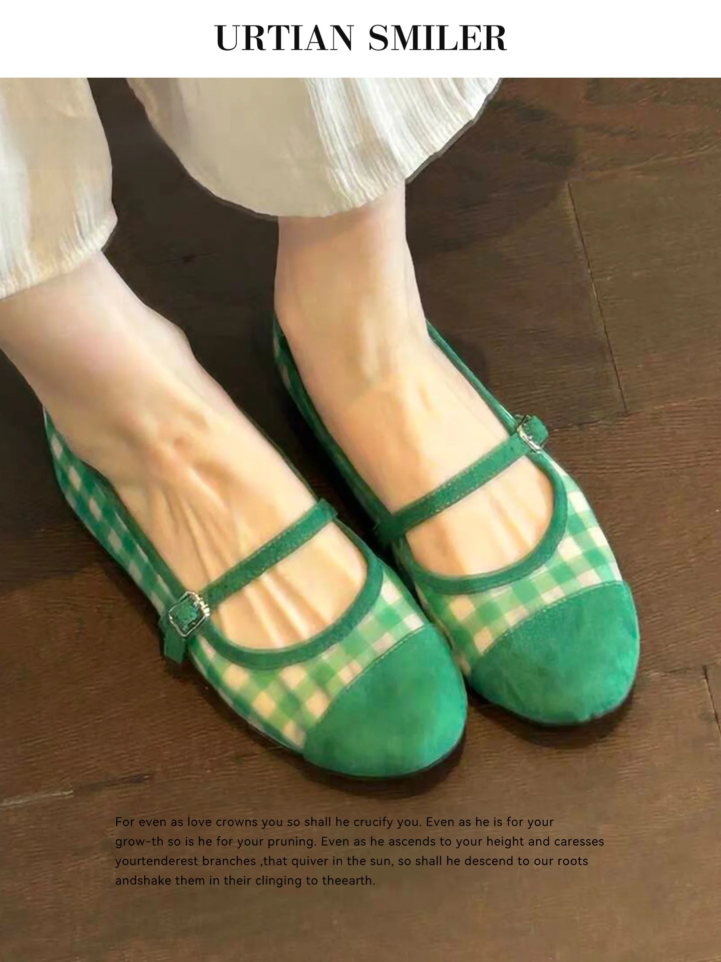Green Plaid Mesh Mary Jane Flat Ballet Style Women's Shoes Breathable Slip-On Flats Fashionable Retro Thick Heel Design