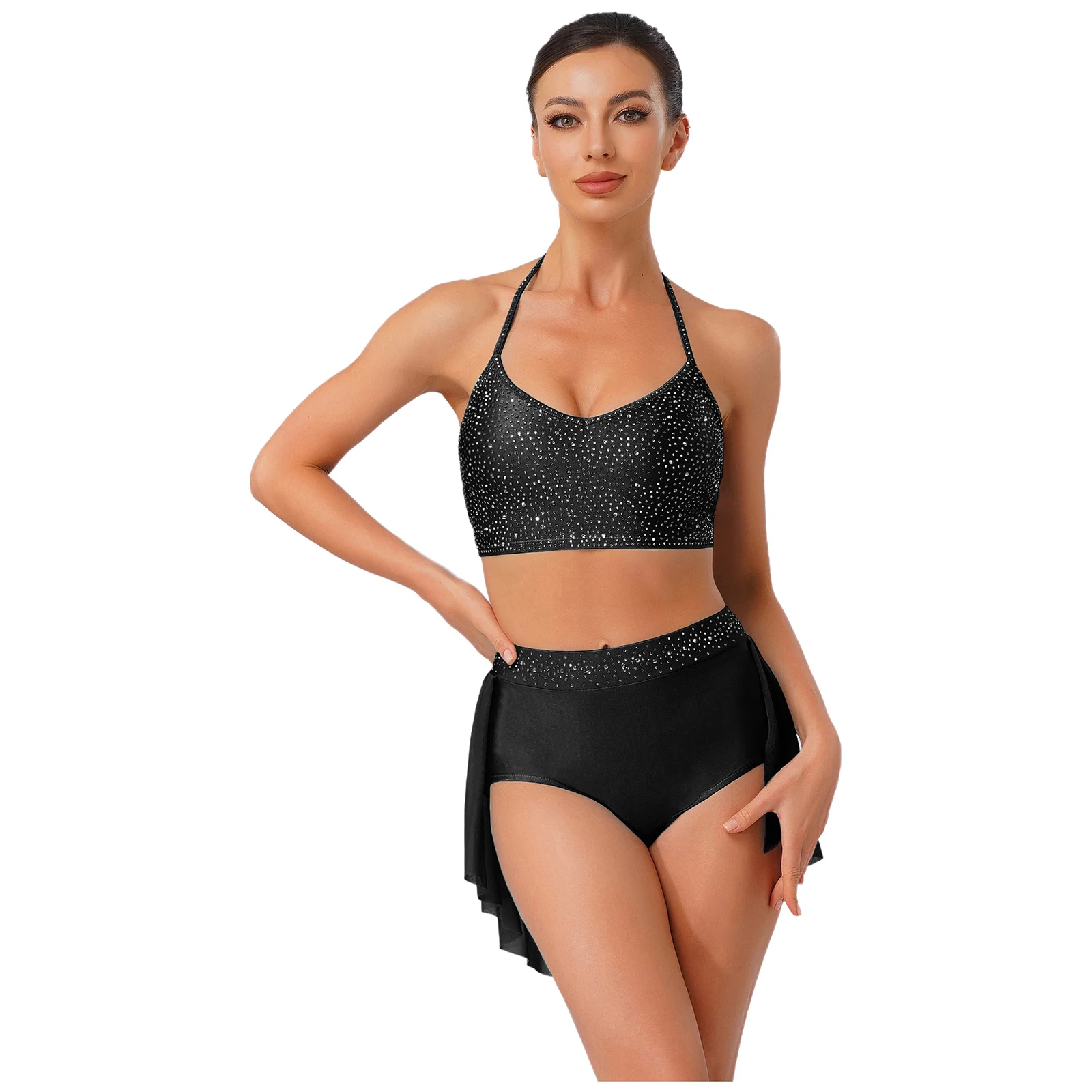 

Womens Lyrical Modern Dance Outfit V Neck Backless Camisole Top with High Waist Shorts Glitter Rhinestone Belly Dance Costume