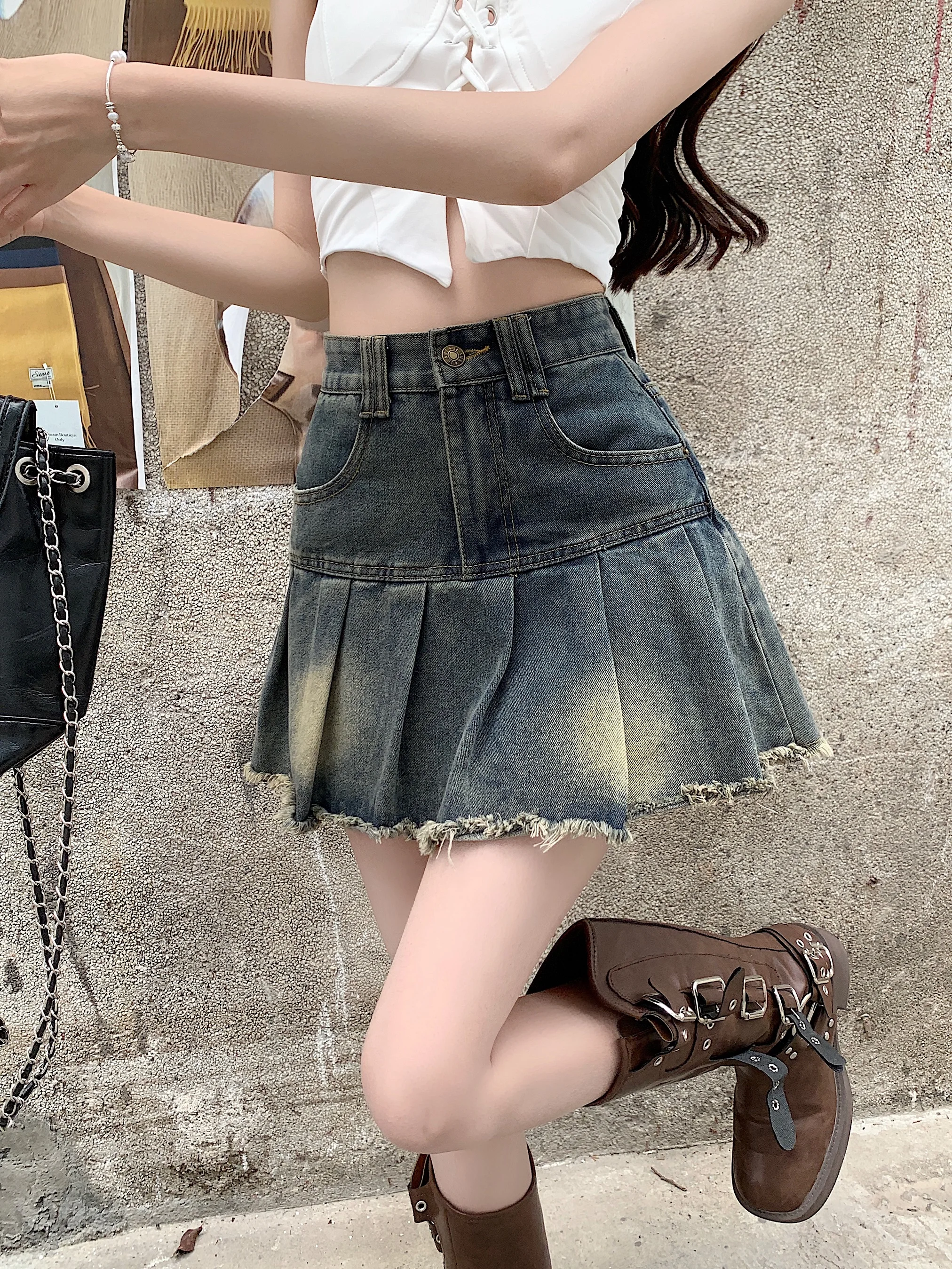 

Women's Summer Cute Denim Short Skirt High Waist Casual A-line Harajuku Korean Style Y2K Mini Pleated Skirt Faldas Saias