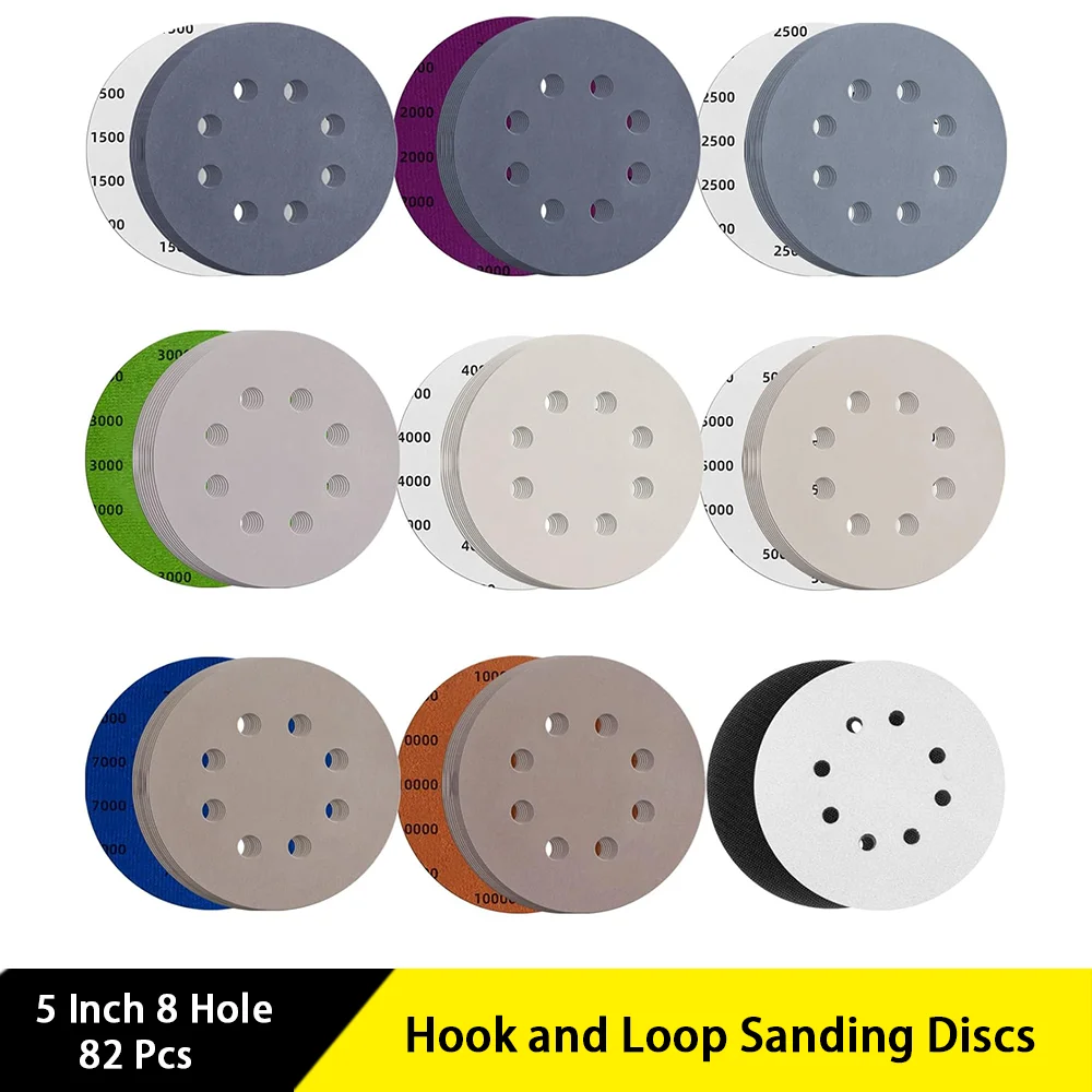 5 Inch 8 Hole Hook and Loop Sanding Discs 82 Pcs Assorted 1500/2000/2500/3000/4000/5000/7000/10000 Grits with Interface Pad