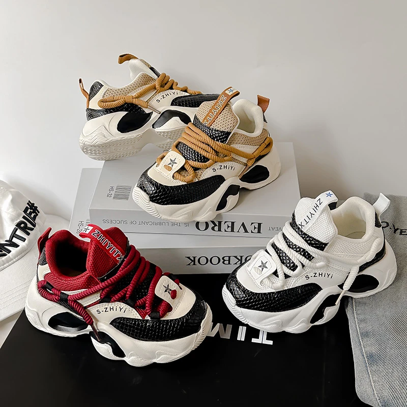 Chunky Sneakers Boys Designer Soft Sole Children Sport Shoes Fashion Casual Leather Upper Height Increased Platform Trend Shoes