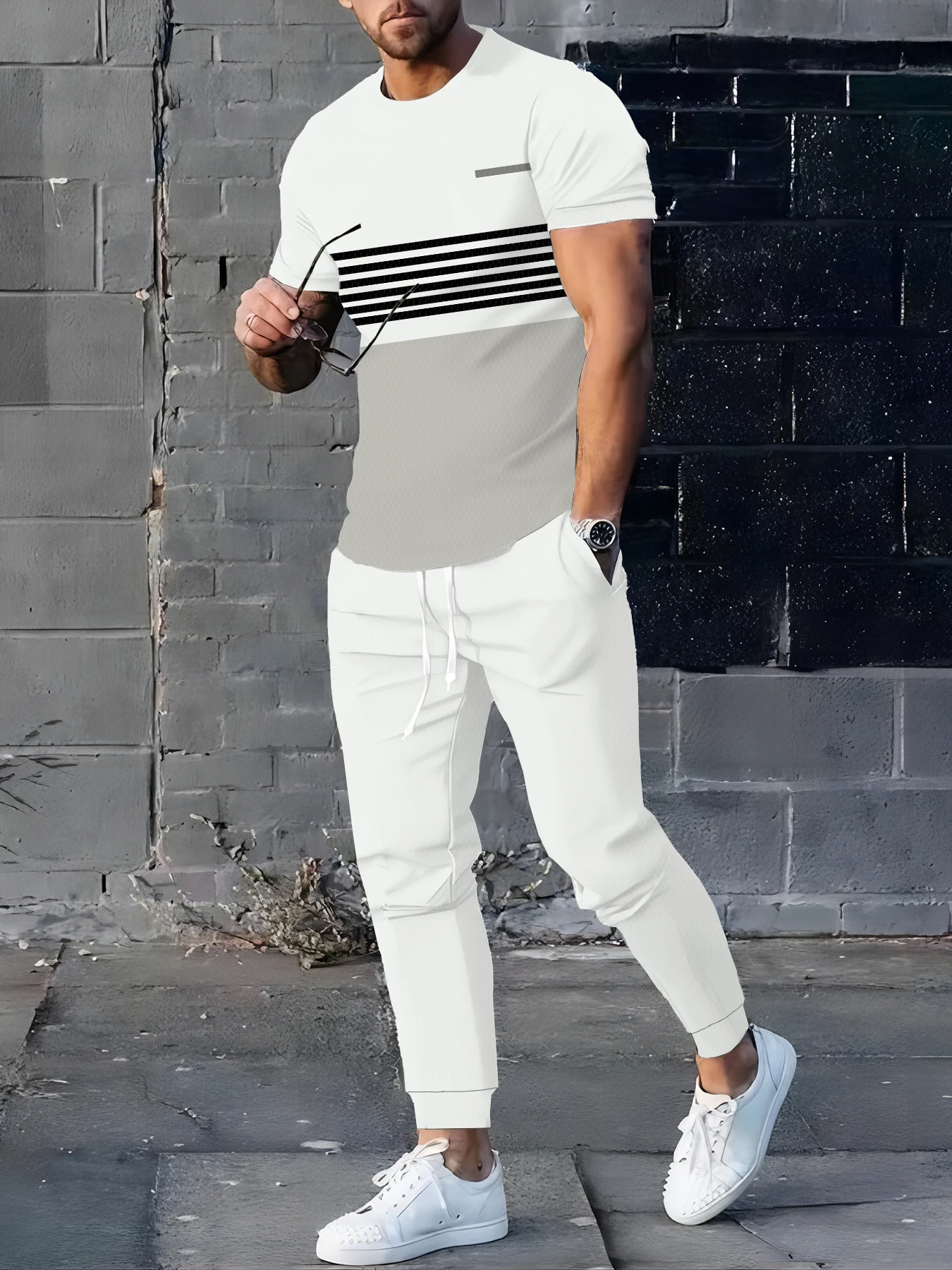 

New Stripe Print Men's T-shirt Street Style Men's Fashion Trousers Autumn And Winter Men's Warm T-shirt And Trousers Set