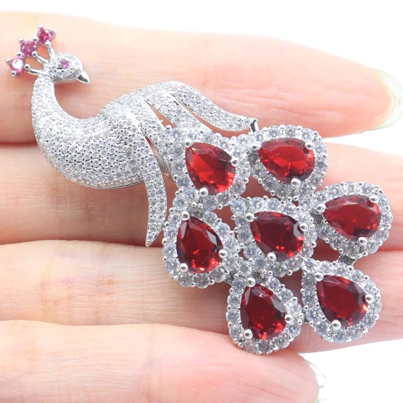 

62x28mm SheCrown Long Big Peacock Shape 14g London Blue Topaz Blood Ruby Pink Kunzite CZ Women Dating Silver Pendant