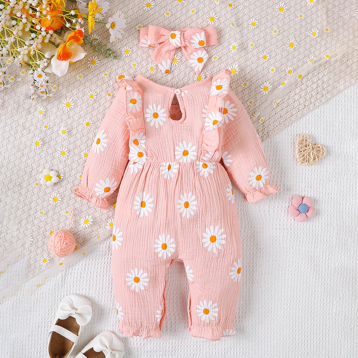 0-18 Months Baby Girl Romper Clothes 2Pcs Small Daisy Infant Bodysuit + Bow Headband Autumn Jumpsuit Newborn Baby Girl Outfit