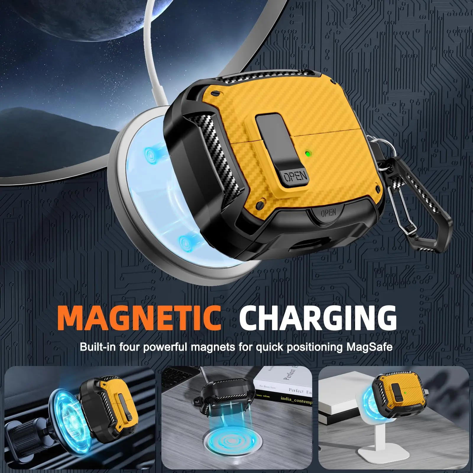 Samsung Galaxy Buds 3 & Buds 3 Pro用 セキュアロックケース（スマホスタンド付き）、MagSafe対応落下防止カバー