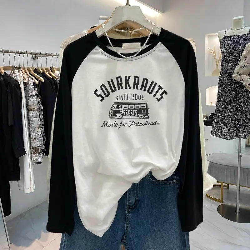 Women Clothing Chic Long Sleeve Printed T-shirt Autumn New Fashion Casual Cotton Pullovers Vintage Loose All-match Tops