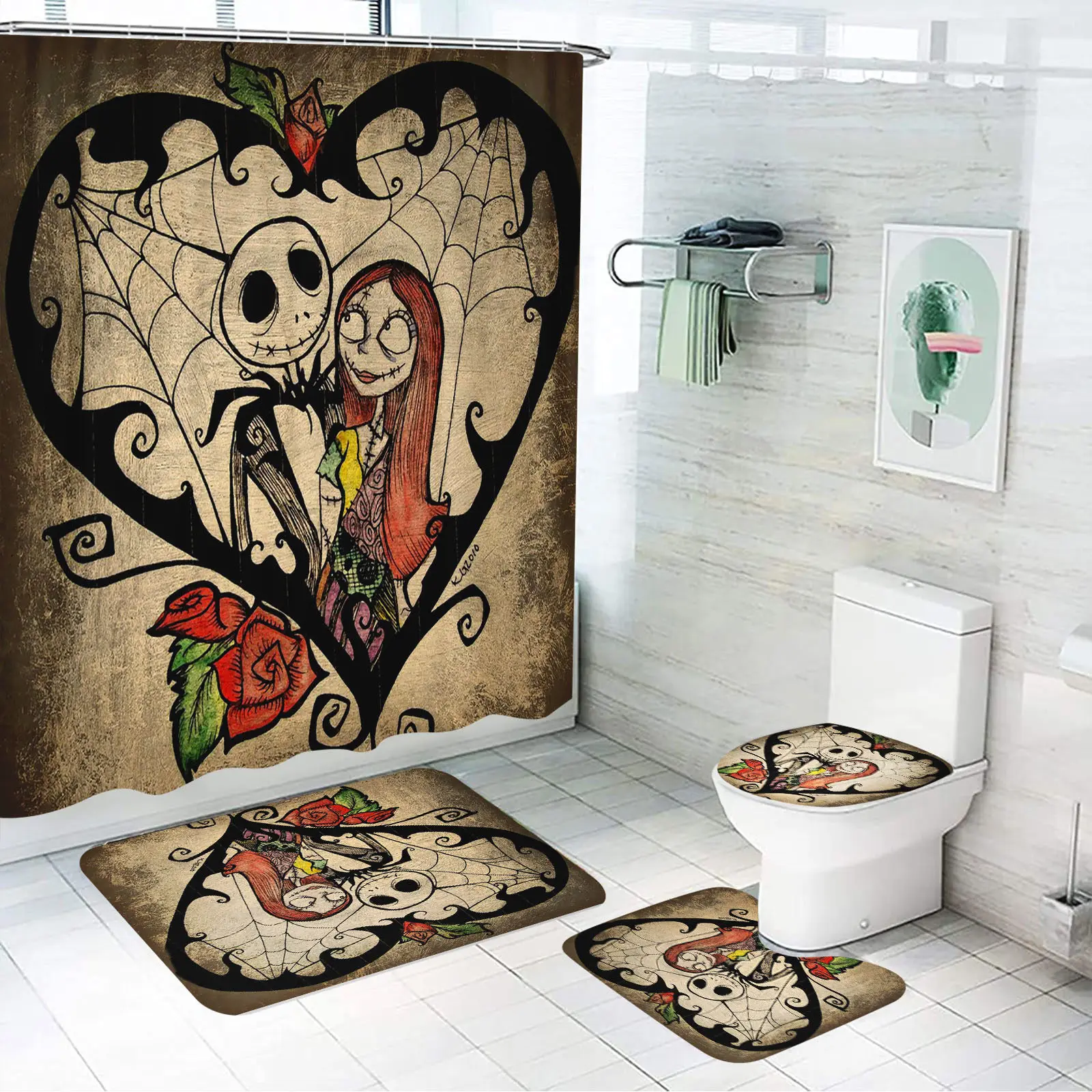 The Nightmare Before Christmas Shower Bath Set, Cartoon Anime, Cute Bathroom Curtain, Water Hook up Set, 4 Piece