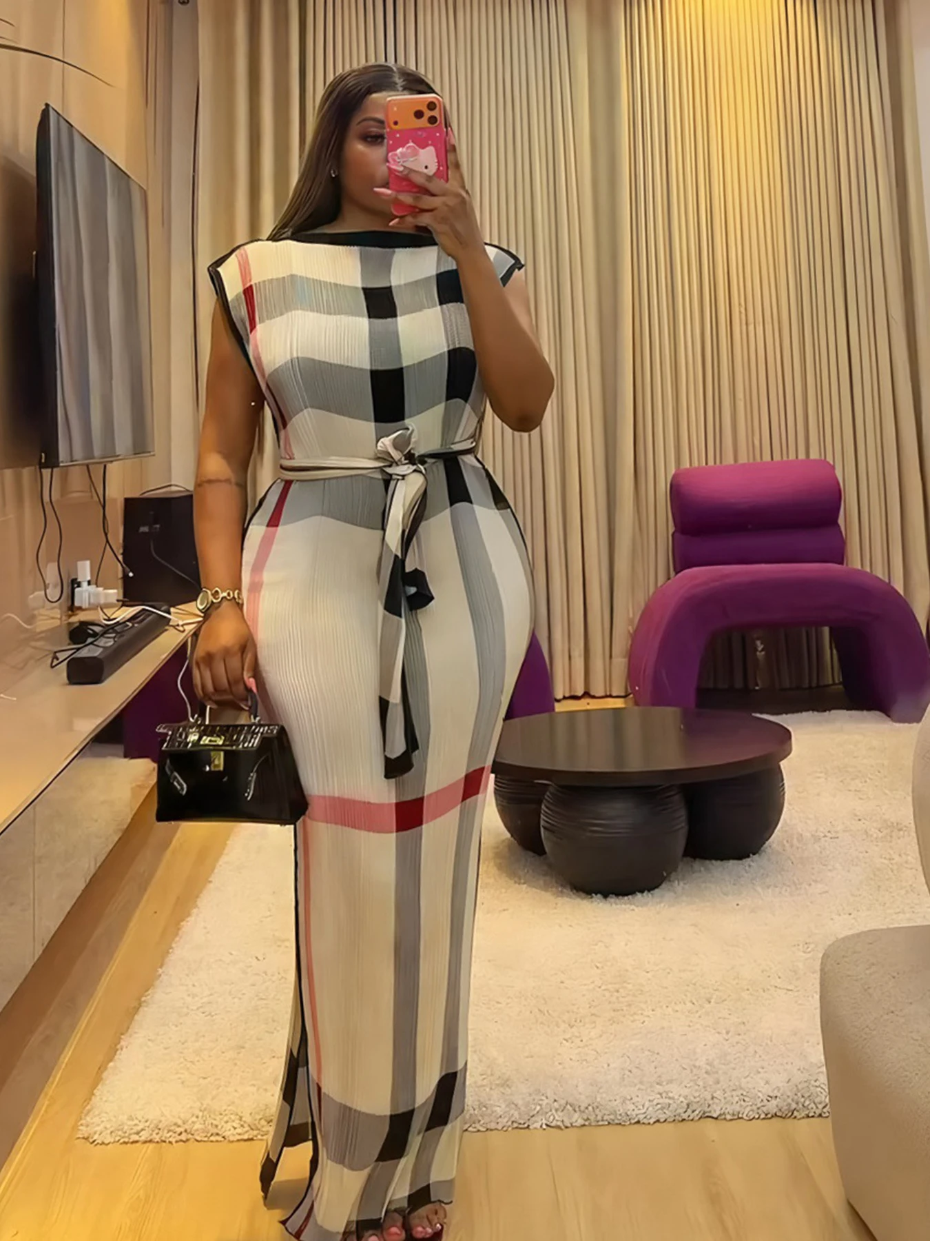 2026 SUMMER NEW WOMEN'S DRESS WITH PLAID PRINT DESIGN, ELASTIC WAIST, CASUAL COMMUTING VERSATILE JUMPSUIT, LONG SKIRT