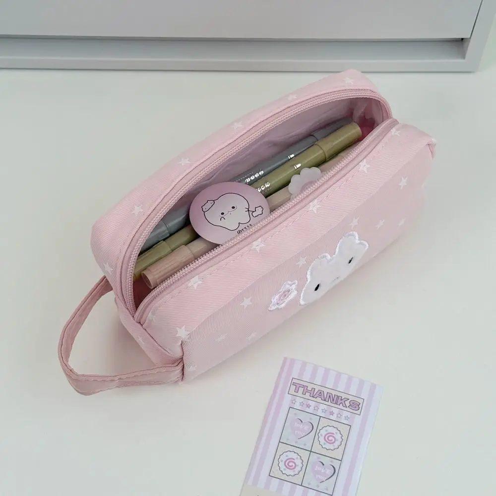Durable Pink Pen Bag Handheld Star Rabbit Pattern Stationery Bag Zipper Design Large Capacity Pencil Case Students