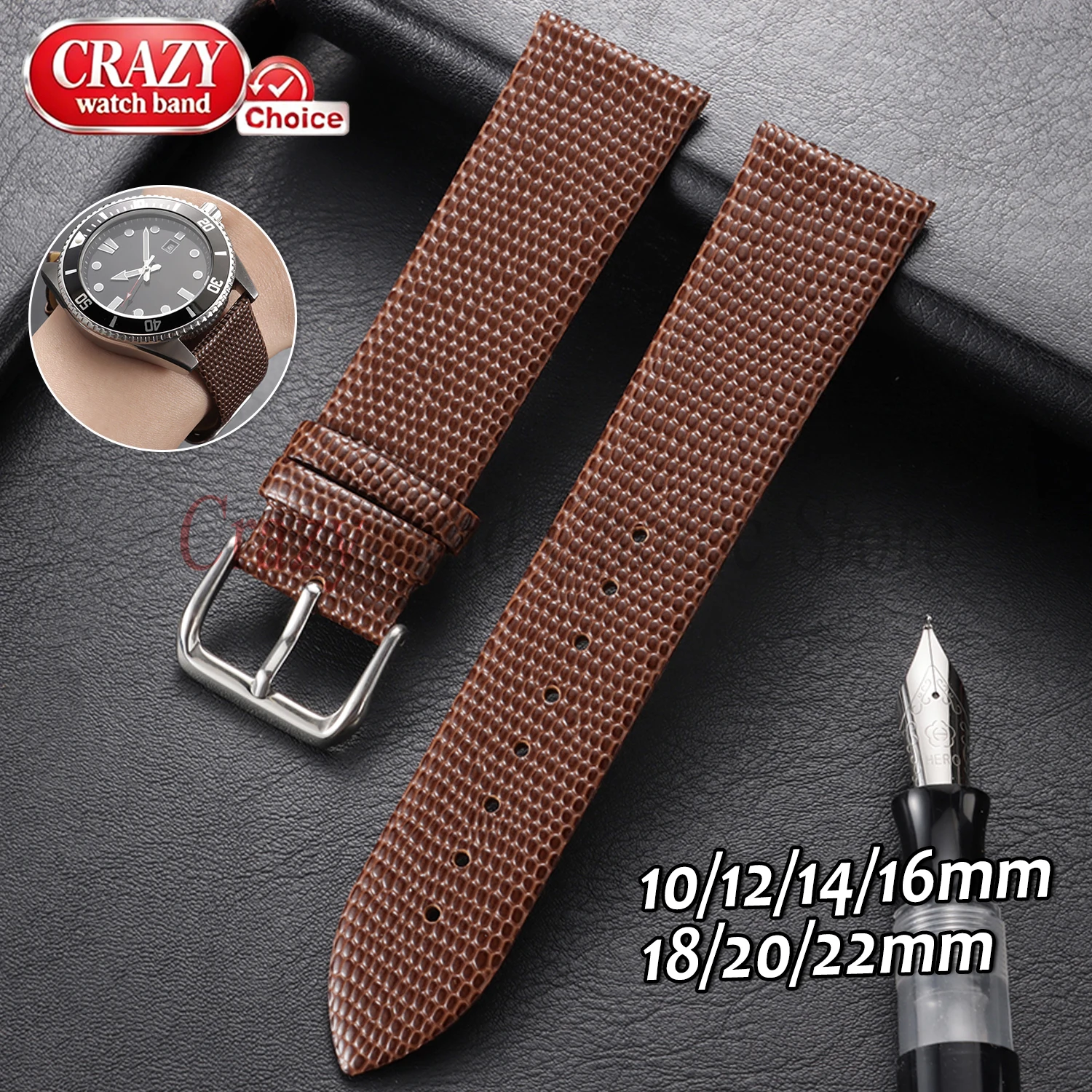 Lizard Texture Leather Watch Strap 10mm 12mm 14mm 16mm 18mm 20mm22mm Business Women Men Bracelet Universal Replacement Wristband