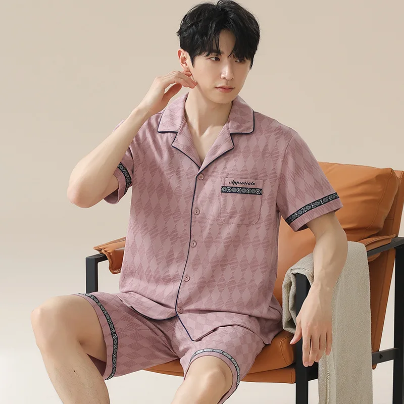 2025 Summer new high-quality Cotton pajama set men's loungewear short sleeve shorts casual can be worn outside pyjama homme