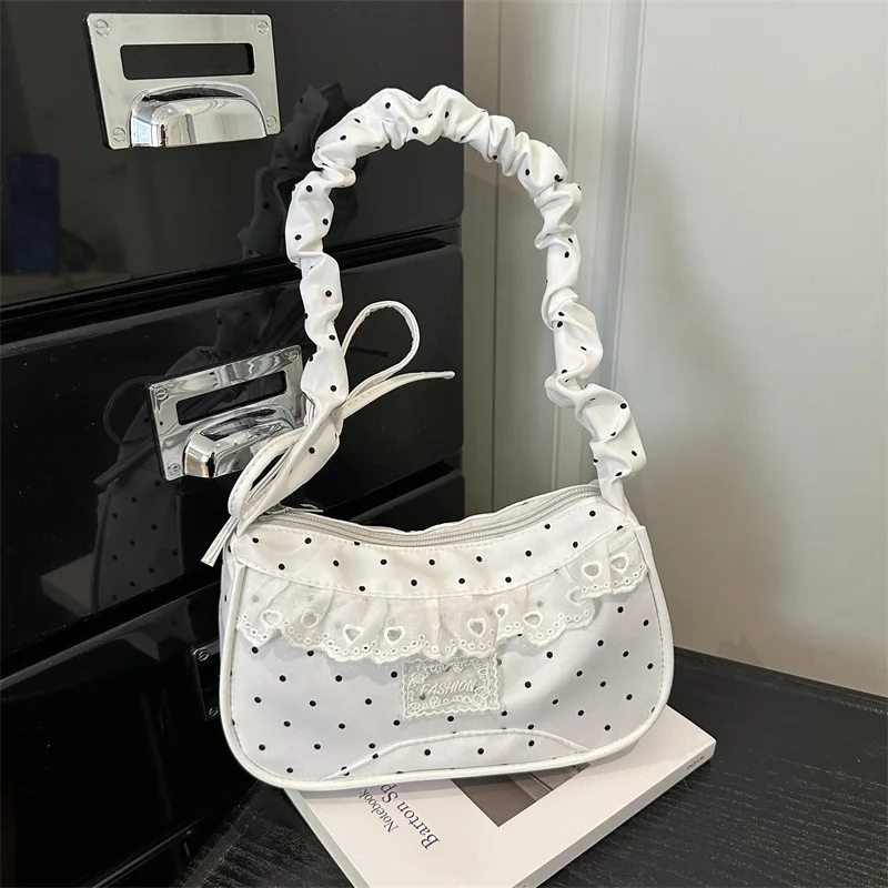 Niche Polka Dot Lace Shoulder Bags for Women Fashion Versatile Ladies Underarm Bag Lightweight Portable Girls Pleated Handbag