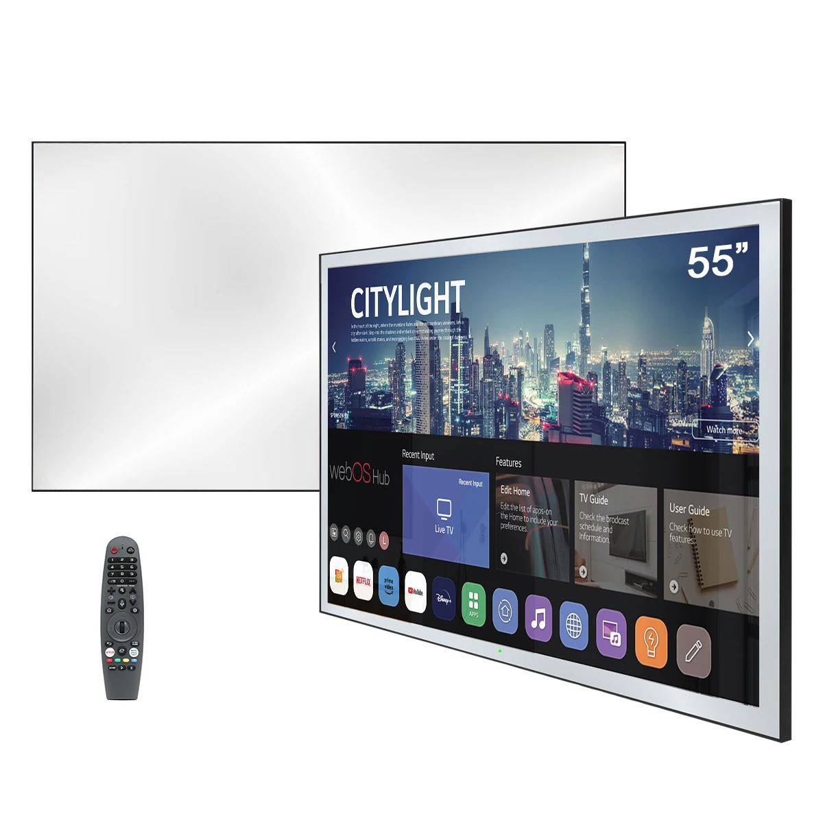 Soulaca 55 in New Large Screen Smart webOS Mirror TV Vanishing Screen ATSC DVB WiFi Hotel Decoration Waterproof Bathroom SPA Use