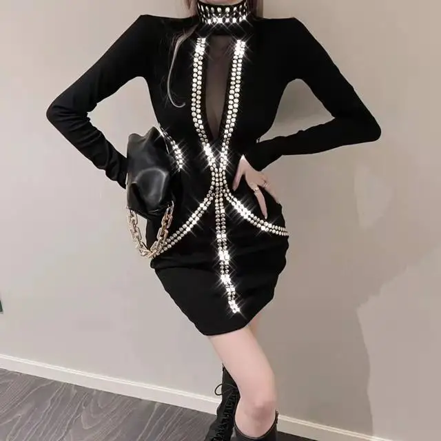 Korejepo High End Celebrity Tide Dresses 2024 Spring Autumn Fashion Design Skinny Diamond Shiny Dress Dress Bottom Short Skirt