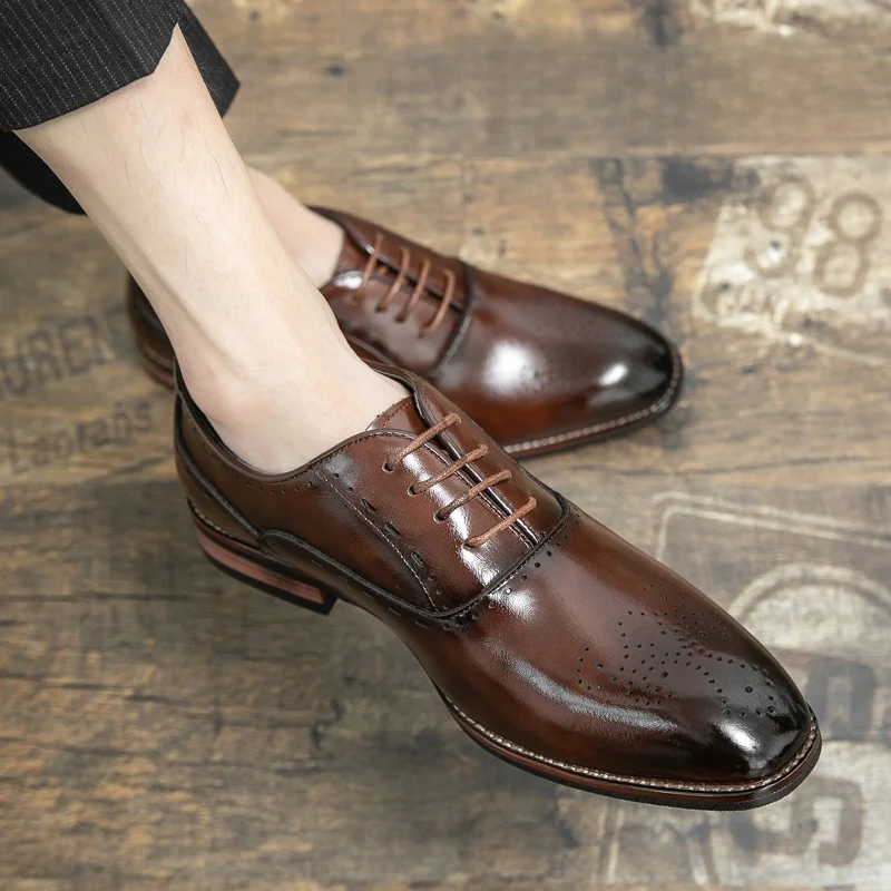 Men's Brogue Shoes Casual Business Style Wood Heel Wedding Groom Shoes Brown Large Size Comfortable Leather Inner 