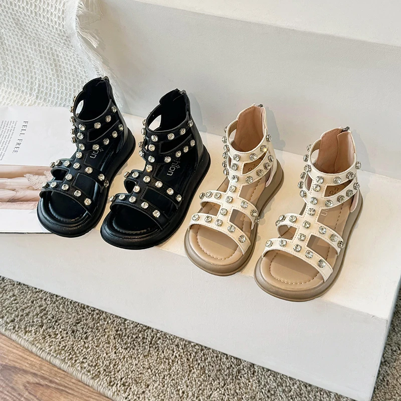 

Сандалии для девочек, новинка лета 2024, детская обувь, туфли принцессы для маленьких девочек, повседневная обувь в римском стиле с мягкой подошвой и стразами, модная обувь в римском стиле