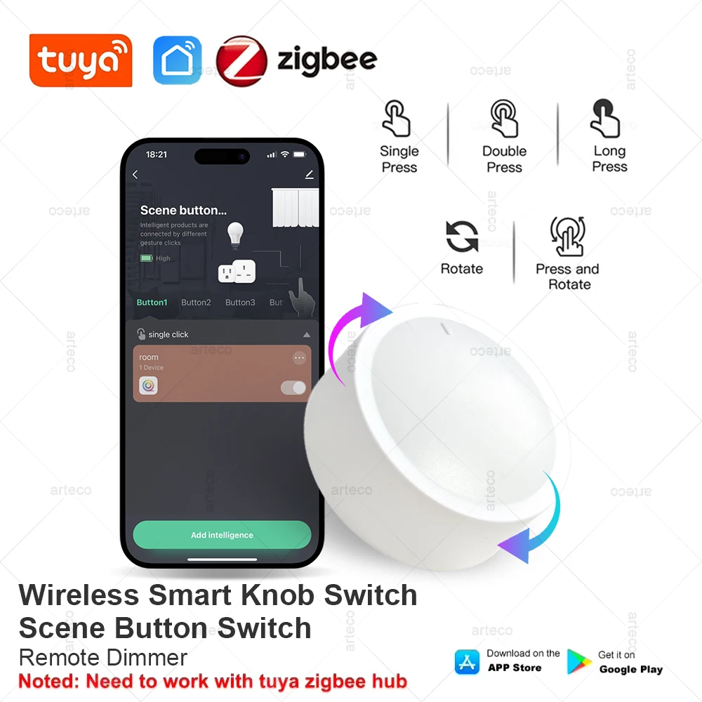 New Tuya ZigBee Smart Knob Switch Wireless Scene Switch Button Dimmer Controller Battery Powered Automation Scenario Smart Life