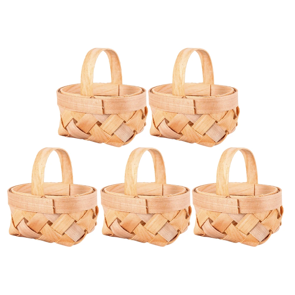 

5 Pcs Mini Wood Chip Basket Shopping Baskets Small Woven with Handle Wooden Flower Girl for Weddings