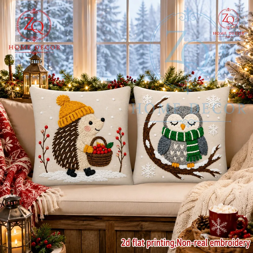 Winterthemed pillowcases with adorable hedgehog  owl embroidery are perfect  Christmas  enhance the ambiance  your balcony or sa