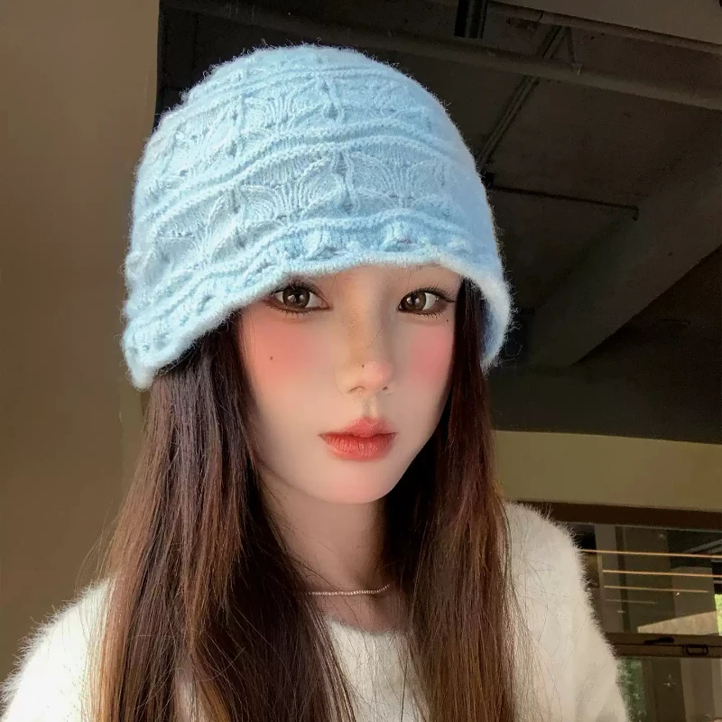 Ins Fresh Blue Hollow Knit Beanies for Women Autumn and Winter Travel Warm Versatile Soft Fuzzy Yarn Elegant Pullover Hats