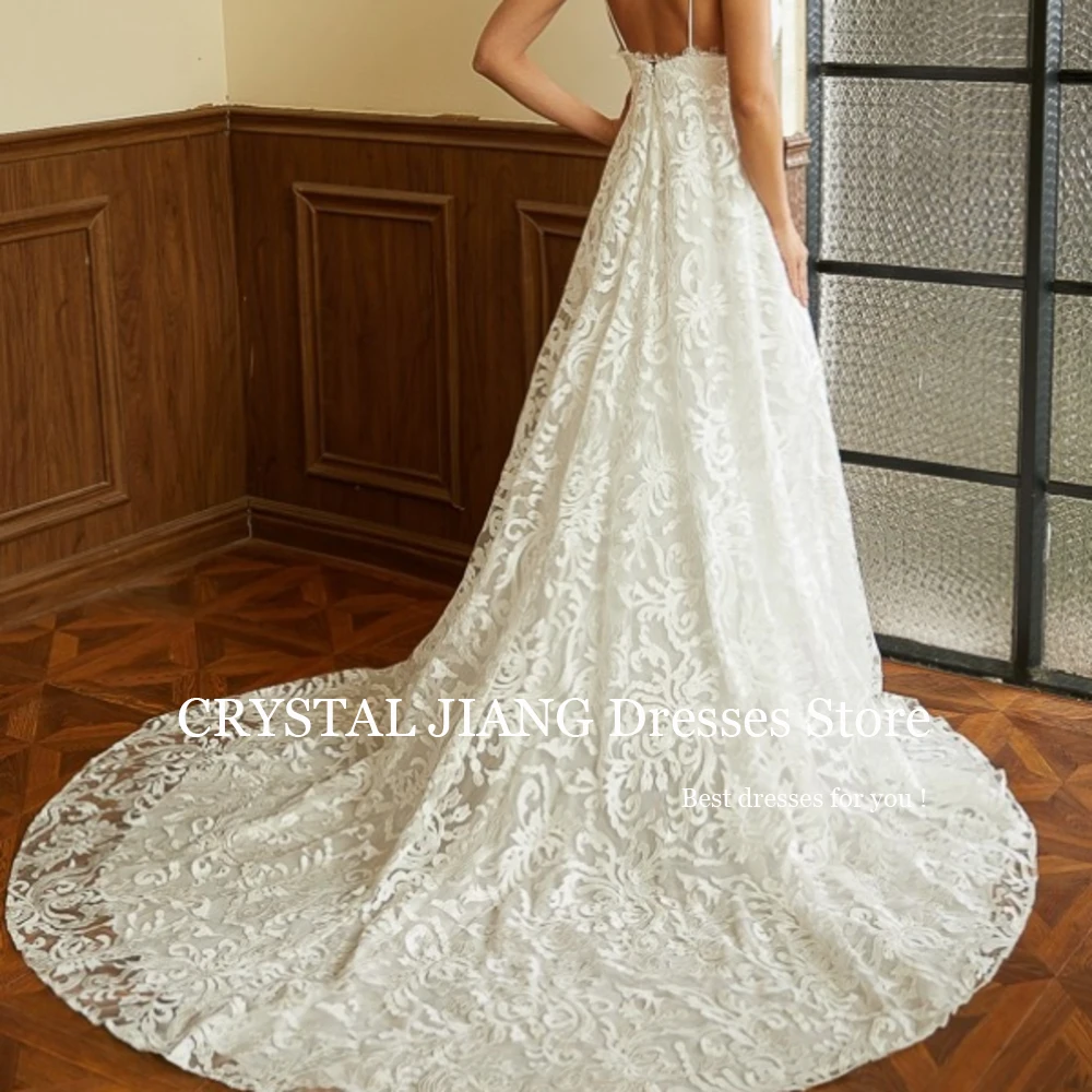 Elegant Long V Neck Lace Natural Waist Sleeveless Wedding Dresses Prince Chapel Train Bridal Gowns for Women