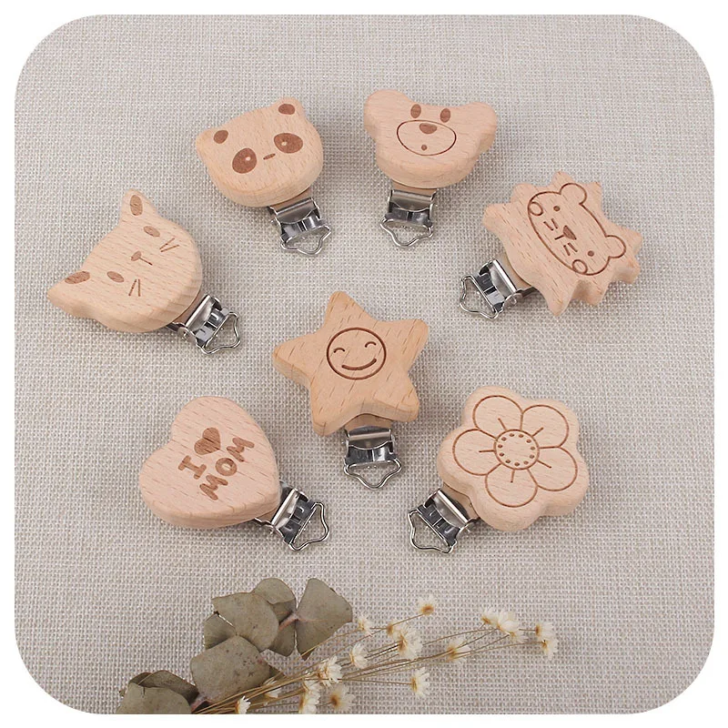 1Pcs Animal Heart Shape Dummy Clip Food Grade Beech Wooden Clip for Baby Teething Pacifier Chain Holder DIY Accesories Findings