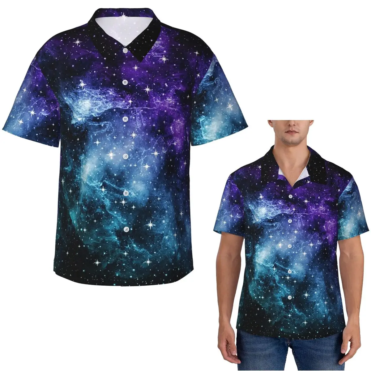Purple Teal Galaxy Nebula Dream Hawaiian Shirts Casual Men Short Sleeve Shirt for Summer Beach Men's Lapel Tops