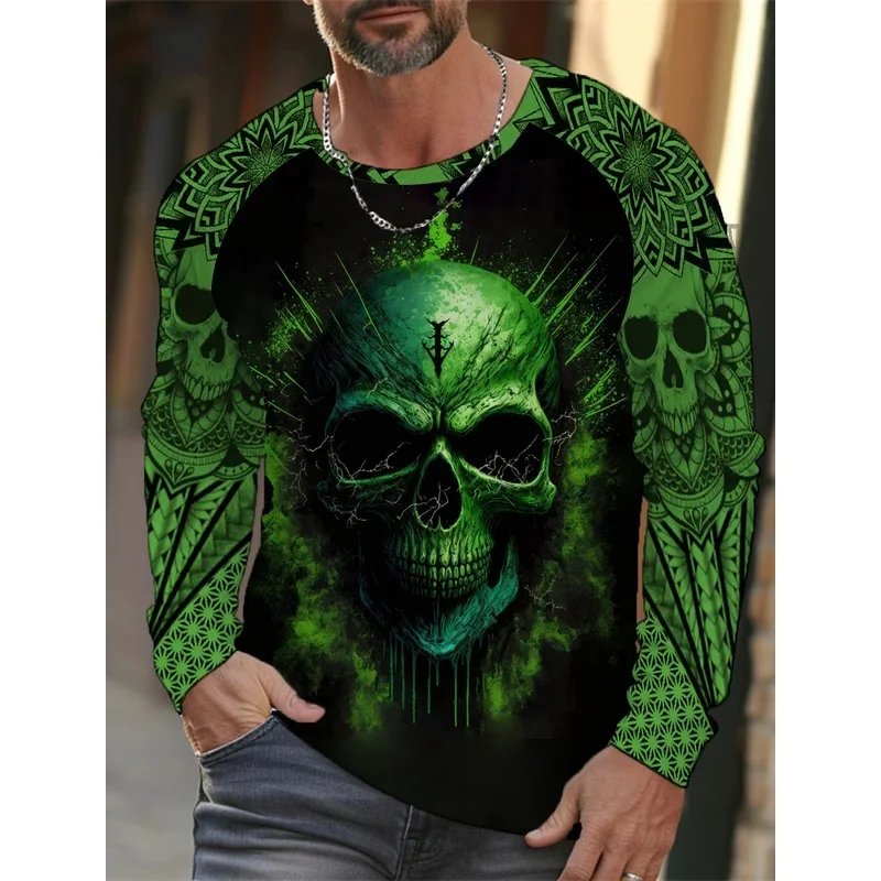 Men's long-sleeved T-shirt 3D printed high-definition skull stitching printing men's autumn tops casual round neck home clothes
