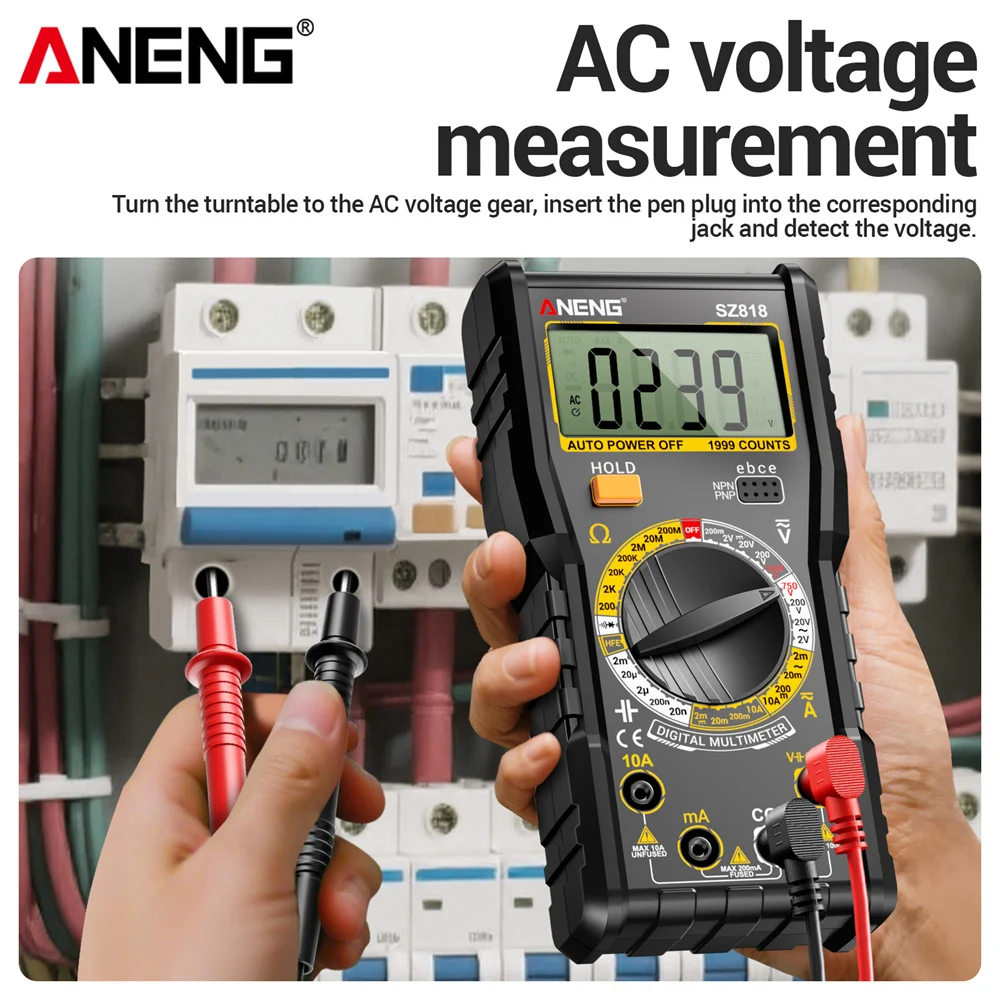 ANENG SZ818 Digital Multimeter AC/DC Voltage Current 1000V 10A NCV Capacitance HFE Tester with Free BT167 Battery Tester