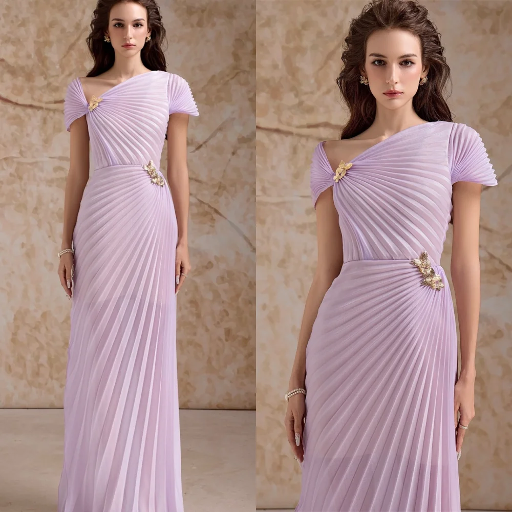 

Customized High Quality Purple Chiffon Homecoming Dress Elegant Off the Shoulder Half Sleeves Ruched Zipper Back Robe de soirée