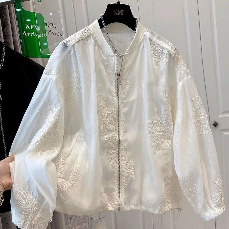 

Tops Jackets Women's Summer Stand-up Collar Embroidery Lace Sun Protection Loose Fit Baseball Jacket New Comfortable Minimalist