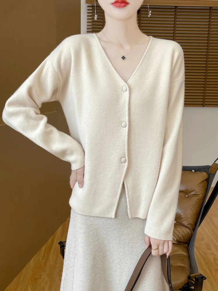 100% Pure Wool Coat Women's Clothing V-neck Knitted Cardigan Autumn Winter New Thick Top fashion Korean Solid Color Shirt