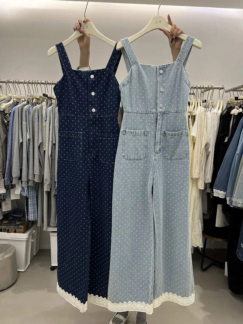Faionable Polka Dot Denim Overalls Women's Loose Slimming One-Piece Pants Commute Sle High Waist Long Pants Other Fabric