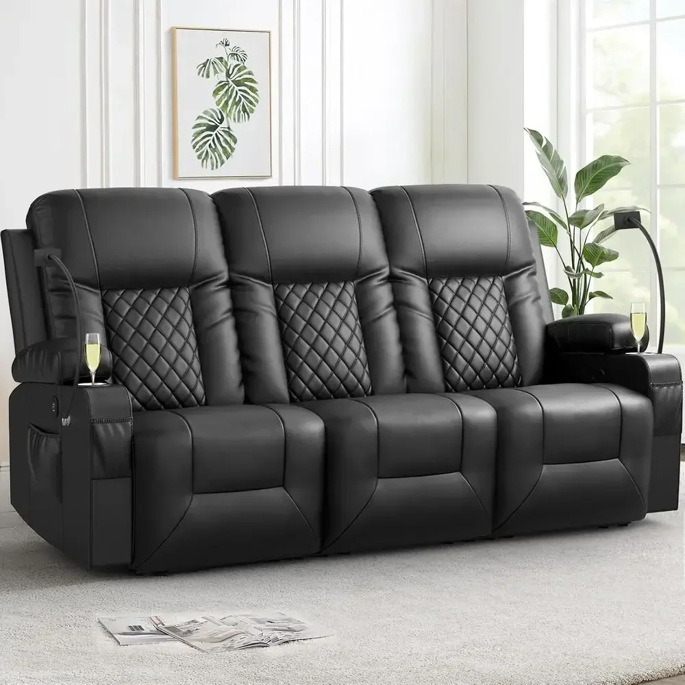 Tri-Seat Dual Reclining Sofa, PU Leather Loveseat, Cup and Cell Phone Holders, USB Ports, Black