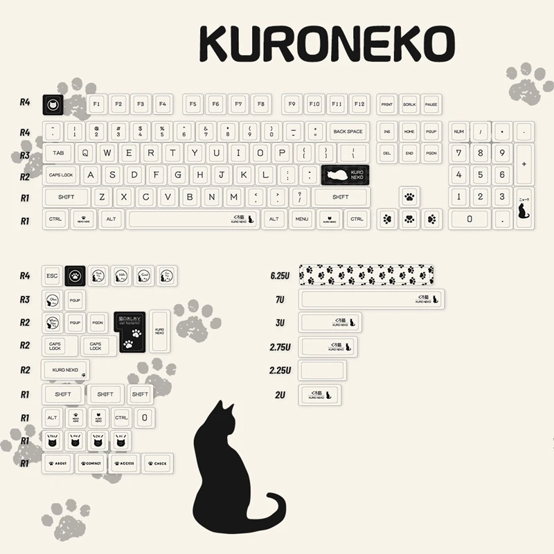 

142 Keys/set Black Cat Kuroneko Keycap PBT Dye Subbed Keycaps Cherry Profile Keycap For 61 64 68 87 980 104 HHKB