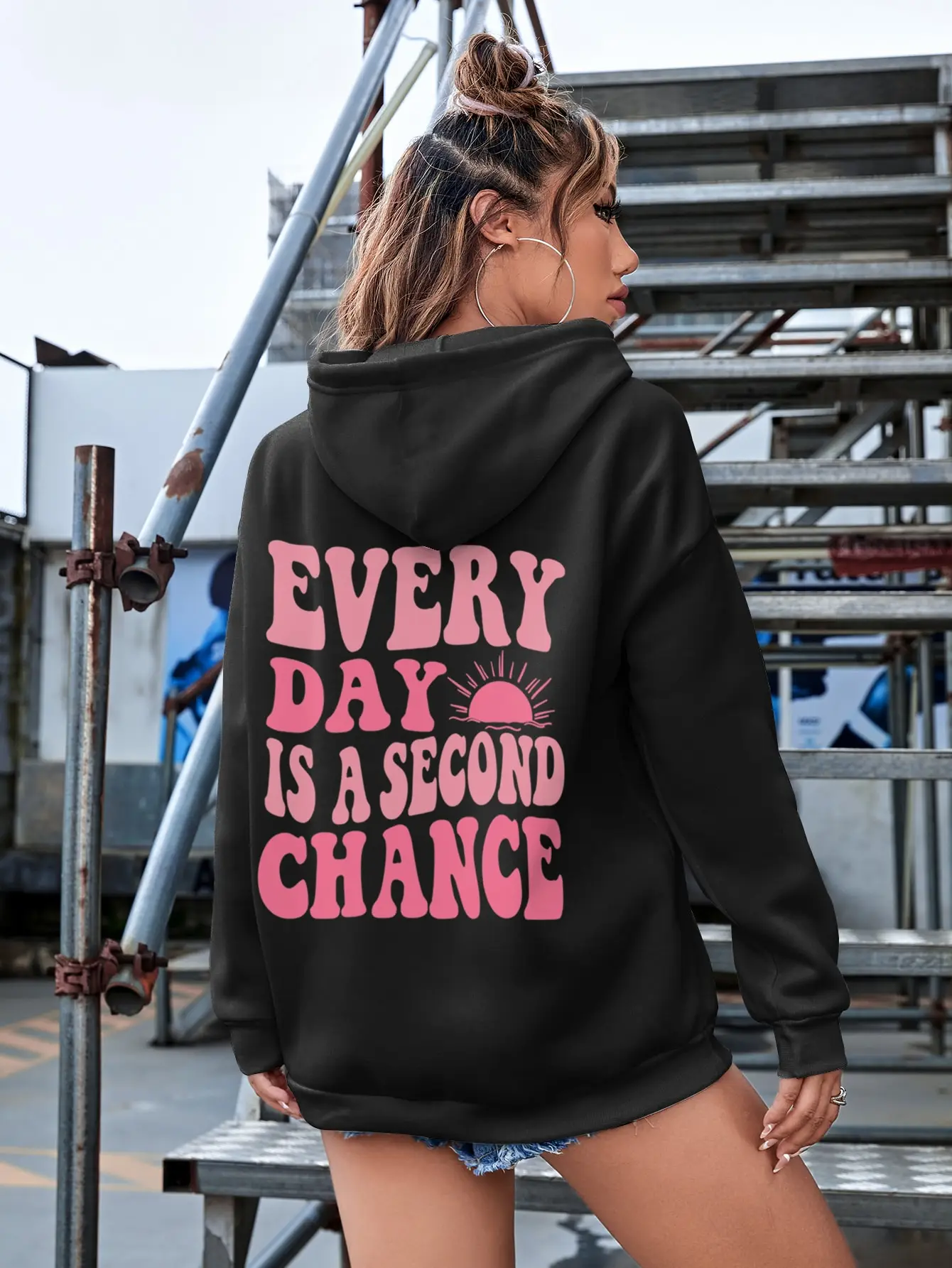 Everyday Is A Second Chance Letter Print Womans Hoodies Creative Casual Vintage Cotton Sweatshirts Street Pocket Couple Clothing