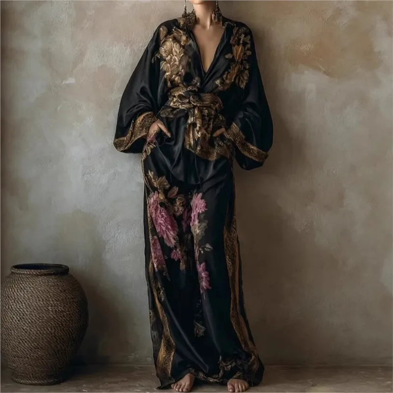

Retro Printed 2 Pieces Set for Woman 2026 Deep V Neck Plus Size Top Blouses + Wide Leg Trousers Elegant Outfit Spring Fall Suit