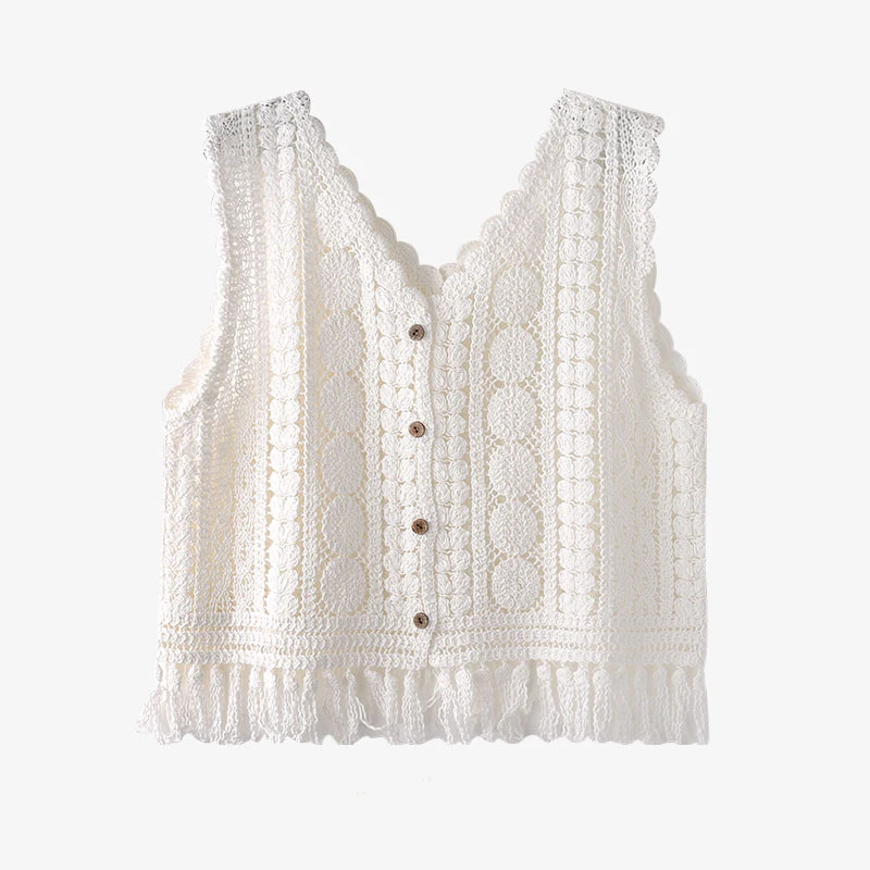 Fringed Crochet Top Sheer Open-work Sleeveless Button Front Tanks and Camis Vest Summer Top for Women Boho Beach Vacation Outfit