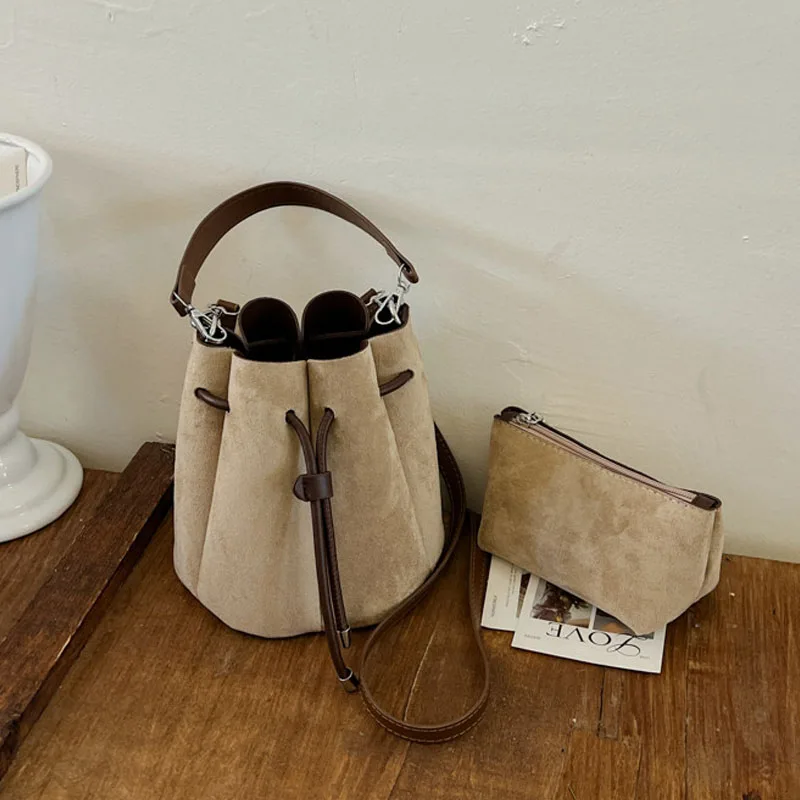 Faux Suede Flower Petal Bucket Bag for Women New Autumn Vintage Maillard Party Handbags Commuter Shoulder Crossbody Bags