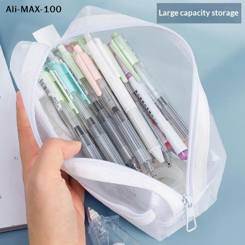 【AV】Double Layer Mesh Pen Bag Large Capacity Transparent Stationery Storage Bag Multifunctional Zipper Exam Supplies Organizer