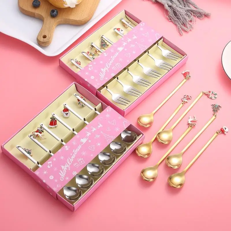 

6PCS Christmas Spoons Coffee Cutlery Set Stainless Steel Cutlery Set Dessert Spoon Forks Christmas Gifts Elk Christmas Decoratio