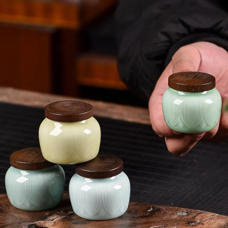 Celadon Tea Caddy with Wooden Lid Small Size Moisture-proof Sealed Storage Tea Jar Travel Easy to Carry Teaware