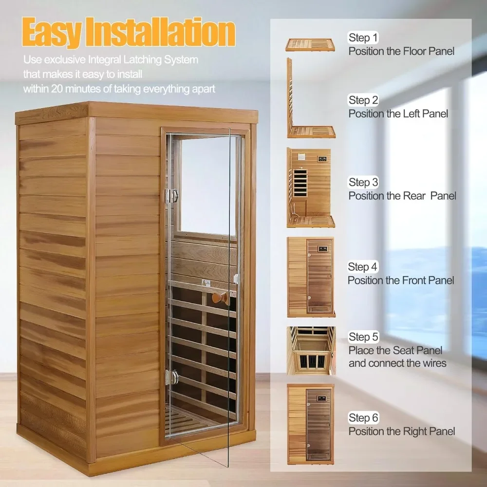 Sauna doméstica infravermelha, mini sauna infravermelha para 1 pessoa, 1050w, saunas secas para casa, cedro vermelho, madeira, sauna interna, spa com 6 baixas